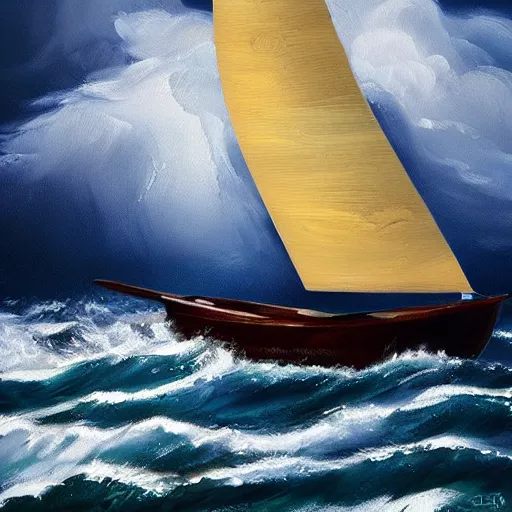 Image similar to wooden boat with sails in stormy sea with dart weider, oil painting, 4 k