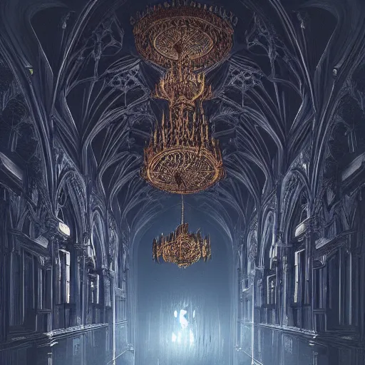 Image similar to large gothic hall with large chandeliers under the ceiling, horror movie, moonlight, artstation, detailed, colorfull, futuristic