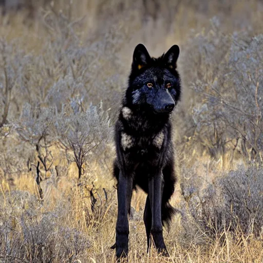 Prompt: black wolf in an australian desert, gold colored eyes, 2 0 0 mm f / 2. 8 photograph