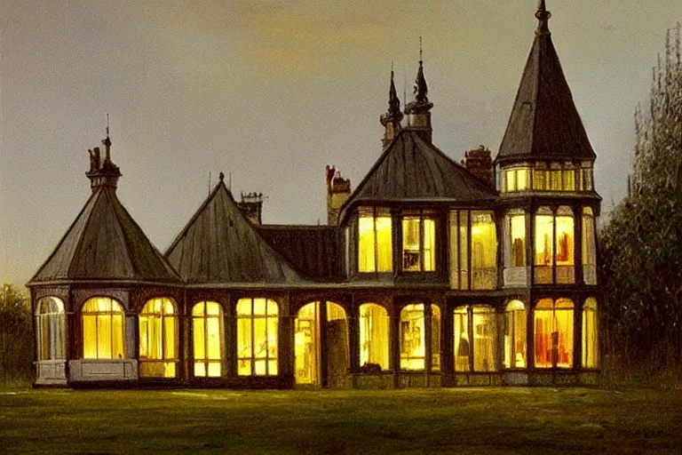 Image similar to a beautiful painting of a victorian house with bay windows, a tower and a greenhouse at night, very detailed by samuel and joseph newsom, harry potter