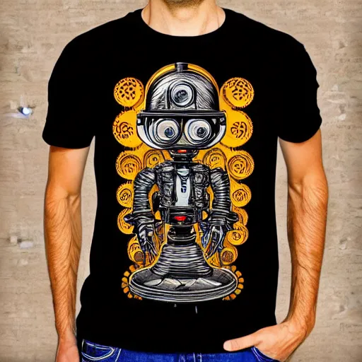 Image similar to mockup of a black tshirt with a hyperdetailed portrait of a steampunk robot by robert crumb, 8 k, symetrical, flourescent colors, happy trippy mood, multicolored,