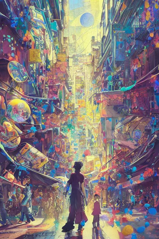 Image similar to dreamlike people in a busy city people covered by colorful graffiti paint dripping down to the floor, professional illustration by moebius, hiroshi yoshida, painterly, yoshitaka Amano, artgerm, loish, painterly, and james jean, illustration, moon lighting, masterpiece