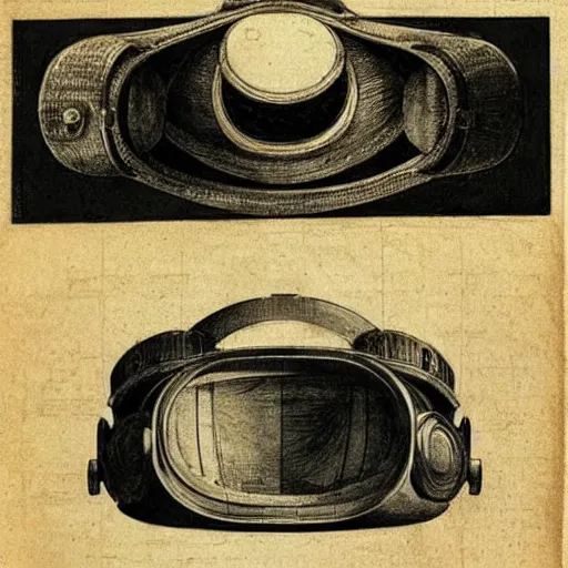 Prompt: Vintage, detailed, sketch of Oculus Rift, with full descriptions, on parchment. Taken from Leonardo da Vinci's Codex Atlanticus