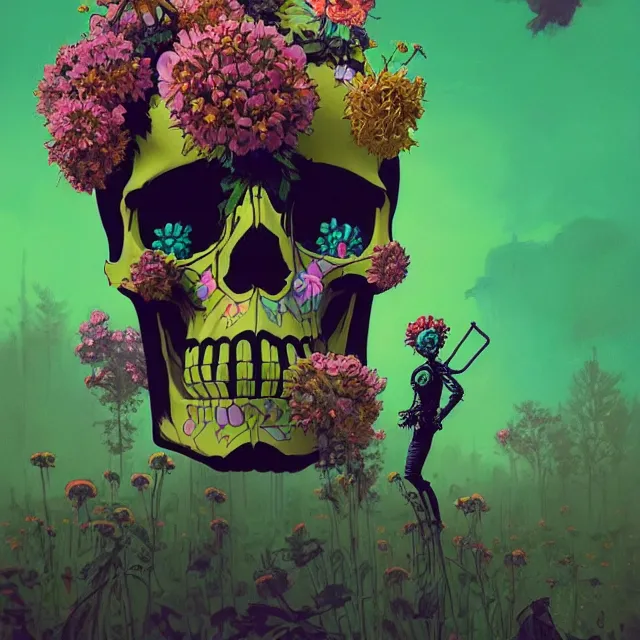 Prompt: a beautiful portrait painting of a atompunk skull covered with flowers by simon stalenhag and pascal blanche and alphonse mucha and nekro and josan gonzalez. in style of digital art. colorful comic, film noirs, symmetry, brush stroke, vibrating colors, hyper detailed. octane render. trending on artstation