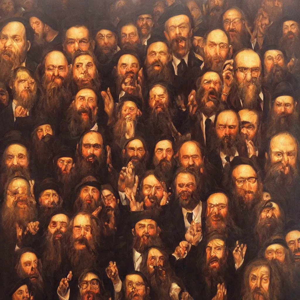 Prompt: oil painting by christian rex van minnen portrait of jewish chabad cult, extremely bizarre disturbing, intense chiaroscuro lighting perfect composition masterpiece intense emotion