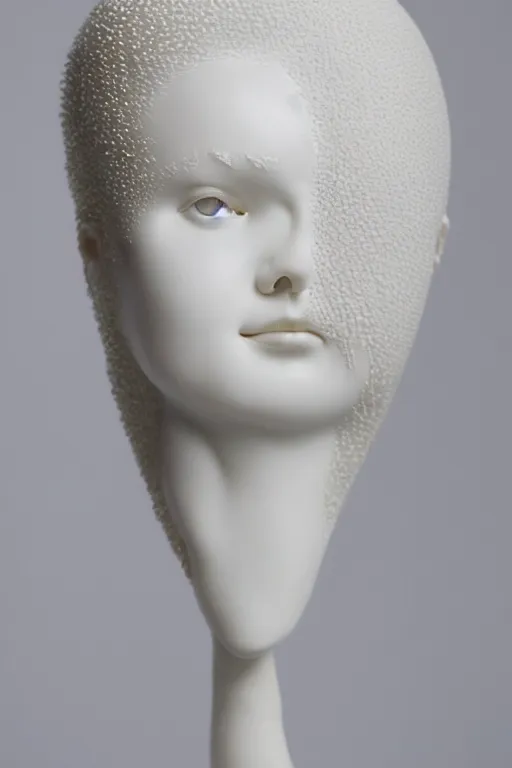 Prompt: full head and shoulders, beautiful female porcelain sculpture by daniel arsham and raoul marks, smooth, all white features on a white background, delicate facial features, white eyes, white lashes, detailed white, lots of real gold hair in a'beehive hairstyle'on the head