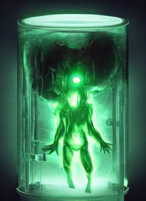 Prompt: a weird humanoid creature is suspended in a tank of dense liquid, weightlessness, tubes coming from the top of the tank connecting to the creature's body, back lit, blinding green glow creates a lens flare, cinematographic