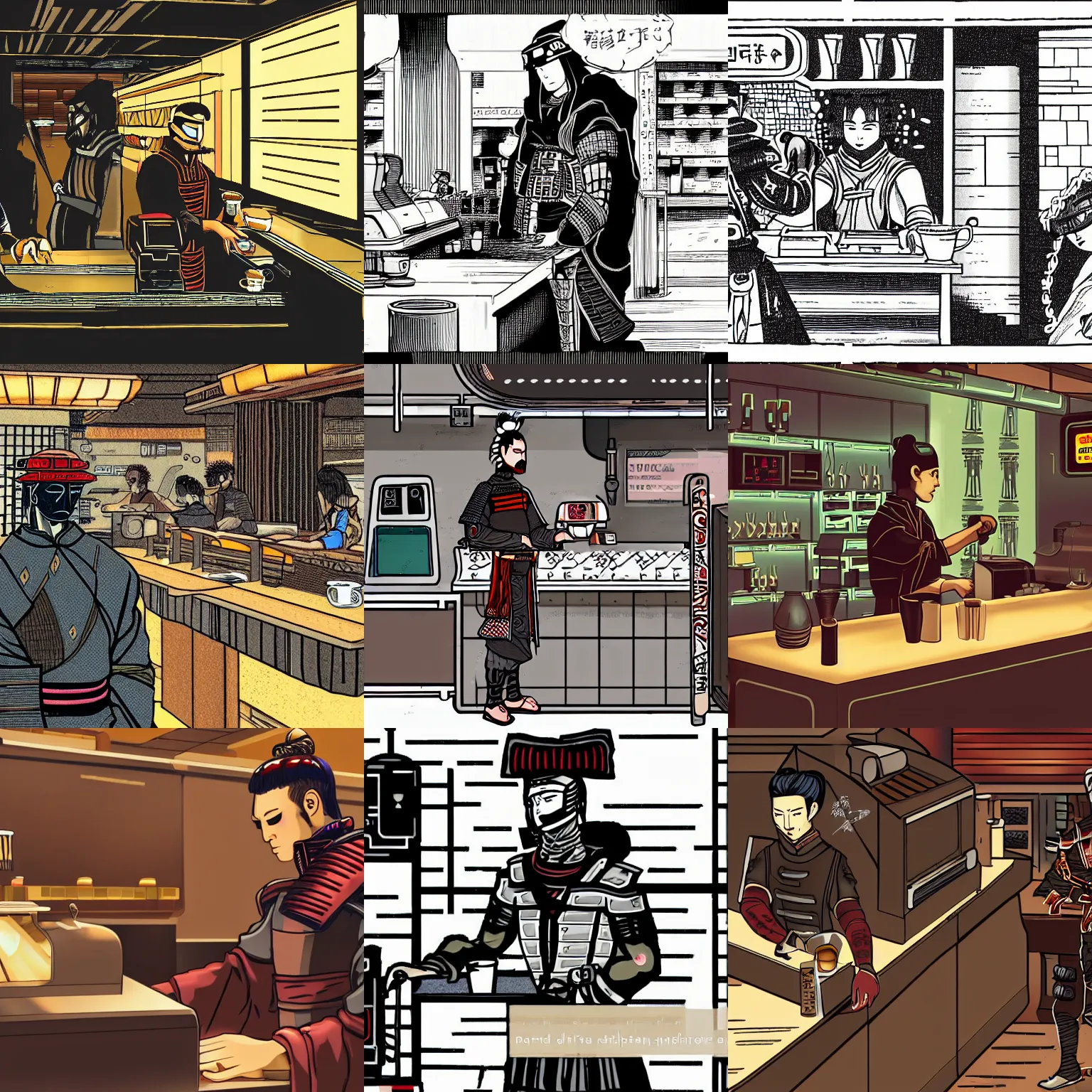 Prompt: A cyberpunk samurai orders coffee from the barista at the Roman-style bar counter