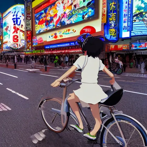 Prompt: anime girl riding bicycle in highly detailed dotonbori street, studio ghibli style, by hayao miyazaki, sharp focus, highly detailed, 4k