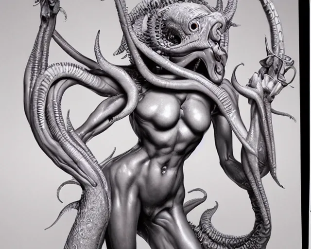 Image similar to extremely symmetrical full length character, eldritch horror creature with the body of a beautiful woman, sculpted by gian lorenzo bernini
