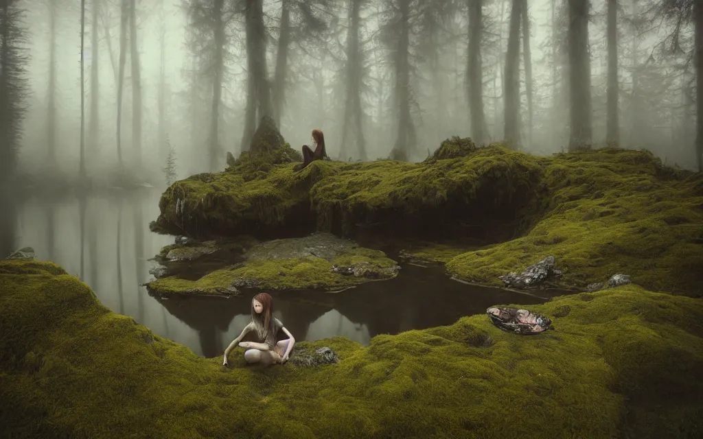 Prompt: a girl with a fishtail for legs, on a rock in a pond in the middle of the forest, fir trees, moss, fog, dramatic atmosphere, highly detailed, cinematic lighting, perfect composition artem demura