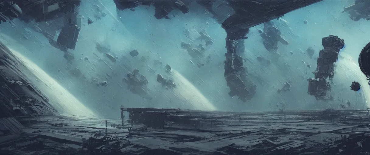 Image similar to lone industrial!!! spaceship!!, deepspace exploration!!!, only sky and space, ridley scott universe, floating in space, the final frontier, illustrative!!, ian mcque, apparent brush strokes, hyperdetailed, sketch, cinematic lighting, 4k, wide angle, trending on artstation, beksinski, by gustav doré, ((neon colors))