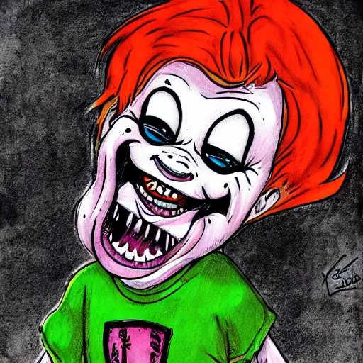 Prompt: grunge drawing of a happy chucky in the style of loony toons | horror themed | pennywise style