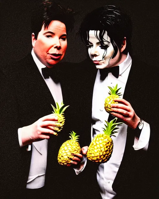 Image similar to Michael Mcintyre & white Michael Jackson eating pineapples in a nightclub,real life skin, intricate, elegant, highly detailed, artstation, concept art, smooth, sharp focus, photo