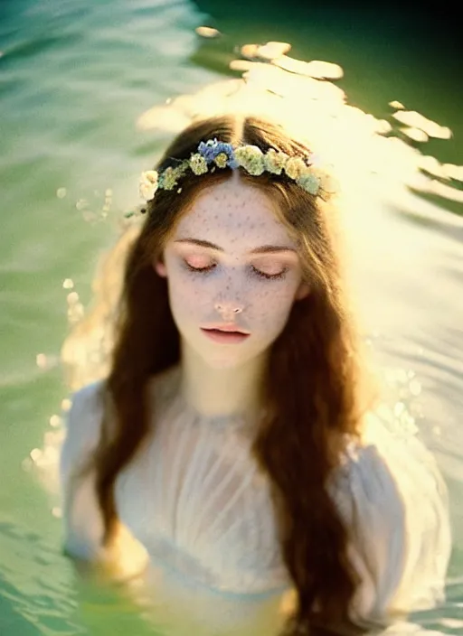 Image similar to Kodak Portra 400, 8K, soft light, volumetric lighting, highly detailed, britt marling style 3/4, portrait photography of a beautiful woman how pre-Raphaelites, half face in the water, ,a beautiful lace dress and hair are intricate with highly detailed realistic beautiful flowers , Realistic, Refined, Highly Detailed, natural outdoor soft pastel lighting colors scheme, outdoor fine art photography, Hyper realistic, photo realistic