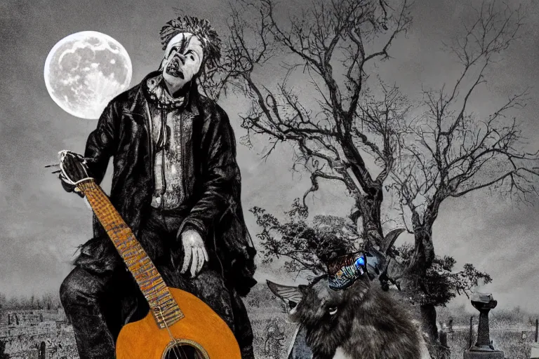 Prompt: mikhail the pot gorsheniov with fingers of a goat in leather jacket plays guitar in the cemetery, mohawk on the head, dark night, full moon, crows on the oak tree, highly detailed digital art, photorealistic