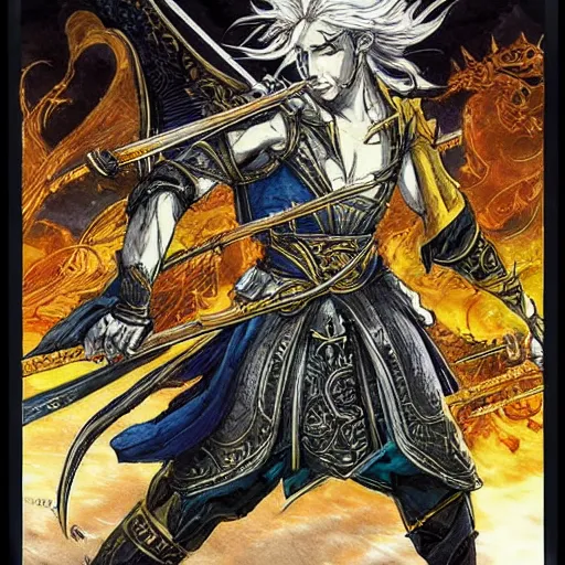 Image similar to a handsome golden magic swordsman glides through a beautiful battlefield magic the gathering dramatic esoteric pen and ink illustrated in high detail by Tatsuki Fujimoto