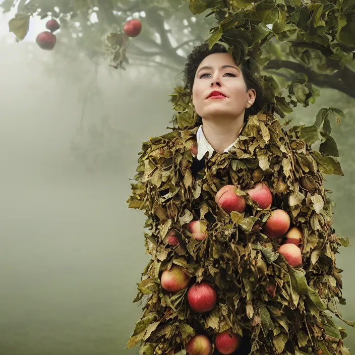 Image similar to a closeup portrait of a woman wearing suit made of leaves and chains, picking apples from a tree, foggy, moody, photograph, by vincent desiderio, canon eos c 3 0 0, ƒ 1. 8, 3 5 mm, 8 k, medium - format print