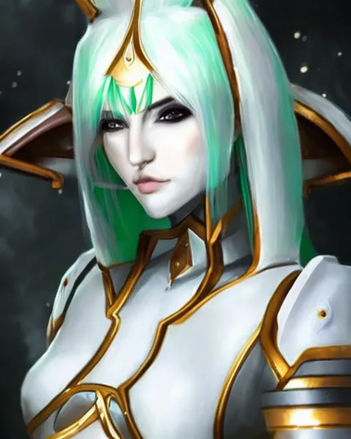 Prompt: perfect white haired attractive egyptian goddess warframe armor beautiful symmetric dreamy half asian pretty face green eyes