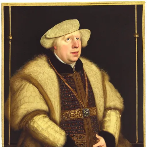 Image similar to a royal portrait of boris johnson as a king, painted by hans holbein, British Museum