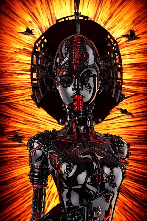 Image similar to full-body cyberpunk style sculpture of a young beautiful dark priestess, half android with a head opening exposing circuitry, glowing red eyes, black roses, flowing blood red colored silk, fabric, candles, baroque elements, human skull, full-length view, baroque element. intricate artwork by Caravaggio. crows flying in background. Trending on artstation, octane render, cinematic lighting from the right, hyper realism, octane render, 8k, depth of field, 3D