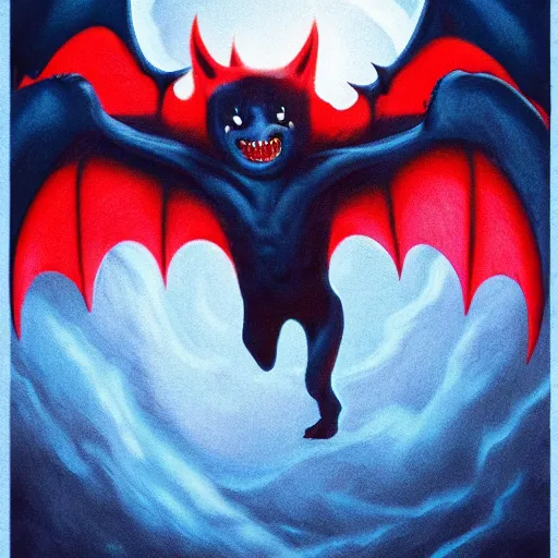 Prompt: detailed full body of scary giant mutant dark blue humanoid anthropomorphic bat, glowing red eyes flying above a stormy ocean, sharp teeth, acid leaking from mouth, realistic, giant, bat ears, bat nose, bat claws, bat wings, furred, covered in soft fur, detailed, 85mm f/1.4