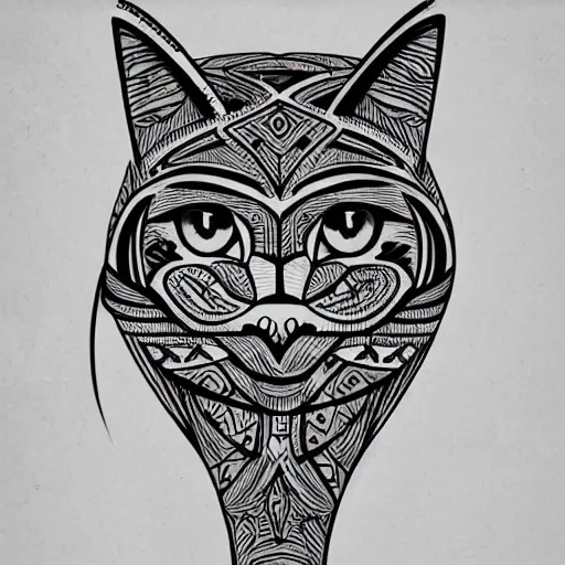 Image similar to tattoo sketch of a cat with one eye, a draft, maori ornament, polinesian style, minimalism, line art, vector
