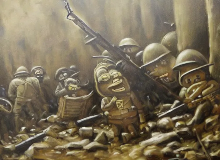 Image similar to realistic dark oil painting of spongebob squarepant inside ww 1 trenches, holding rifle, terrified, scared, war film