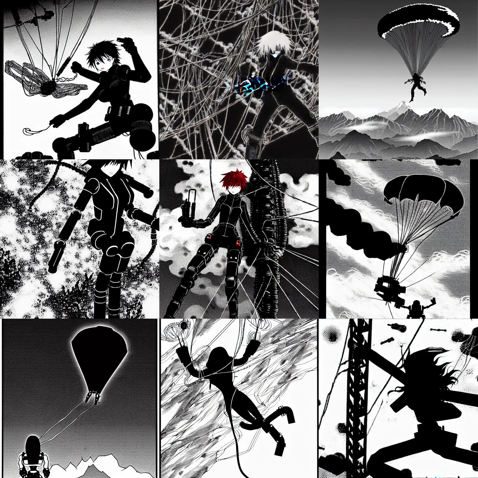 Prompt: black widow red hair flies with a parachute from everest and fires pistols at robots with techno details, by tsutomu nihei, black and white, wires clouds background