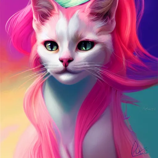 Image similar to colorful and festive cat with pink hair,. rich vivid colors, ambient lighting, dynamic lighting, 4 k, atmospheric lighting, painted, intricate, highly detailed by charlie bowater