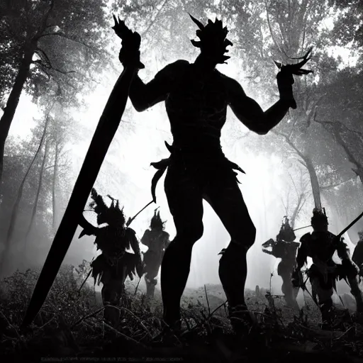 Image similar to Flaming sword illuminates a forest full of goblins a warrior is silhouetted in the centre