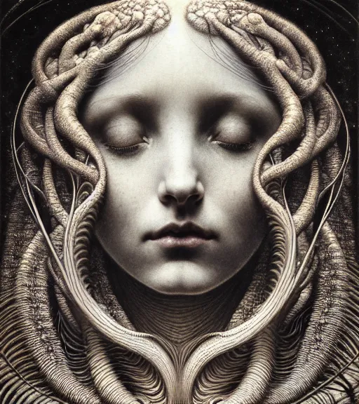 Prompt: detailed realistic beautiful night goddess face portrait by jean delville, gustave dore, iris van herpen and marco mazzoni, art forms of nature by ernst haeckel, art nouveau, symbolist, visionary, gothic, neo - gothic, pre - raphaelite, fractal lace, intricate alien botanicals, ai biodiversity, surreality, hyperdetailed ultrasharp octane render