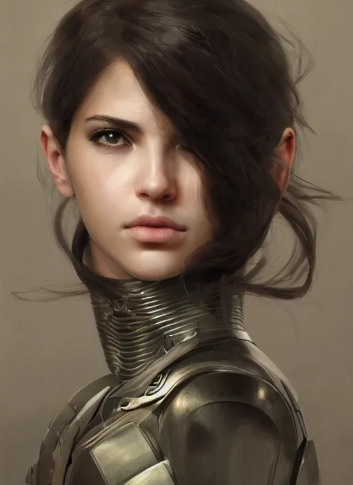 Image similar to a professional painting of a beautiful young female, clothed in military armor, olive skin, long dark hair, beautiful bone structure, symmetrical facial features, intricate, elegant, digital painting, concept art, smooth, sharp focus, illustration, from Metal Gear, by Ruan Jia and Mandy Jurgens and Artgerm and William-Adolphe Bouguerea