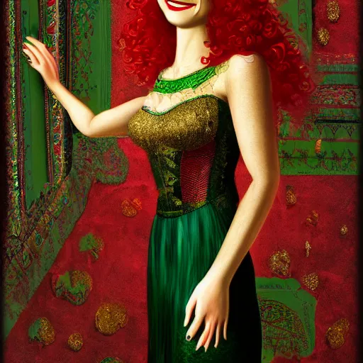 Prompt: Intricate painting of a beautiful young woman in front of a fabric background with red hair and a dark green dress, smiling by Mary Dimary and Craig Mullins, Fabric texture, gold details, gemstones, Golden thread, emeralds, intricate details, intricate patterns 4k, 8k, HDR