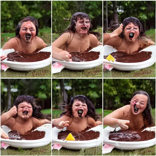 Image similar to person sliding through chocolate pudding head first, slip n slide, professional photo, funny