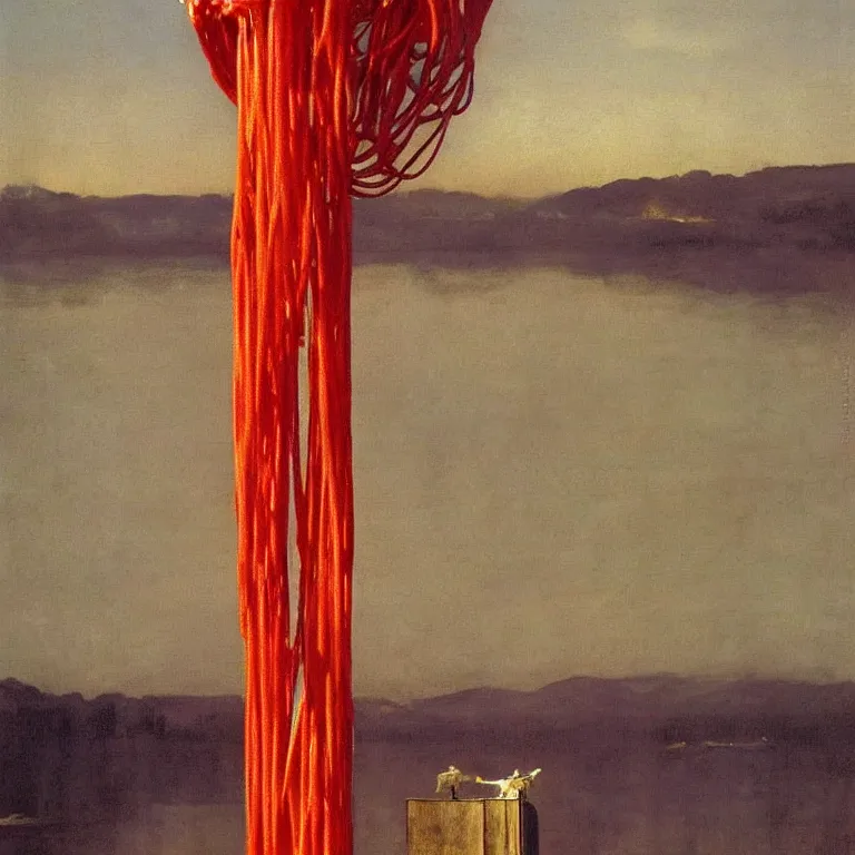 Image similar to A Monumental Public Sculpture of a 'Exclamation Point made out of red Spaghetti' on a pedestal by the lake, surreal oil painting by John Singer Sargent and Maxfield Parrish and Max Ernst shocking detail hyperrealistic!! Cinematic lighting