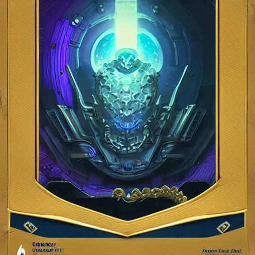 Prompt: Boardgame card back, galaxy, sci-fi, horror, cyberpunk, ornamental edges, sharp, intricate, symmetrical, Lovecraftian, purple, gold, black and blue, tzeentch, by greg rutkowski and alphonse mucha, 8k, trending on artstation, Cenfered-H 768