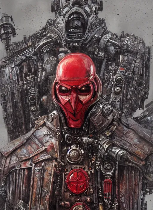 Image similar to portrait of rotten Nicolas Cage as adeptus mechanicus in red hood and robe from Warhammer 40000. Highly detailed, artstation, illustration by and John Blanche and zdislav beksinski and wayne barlowe