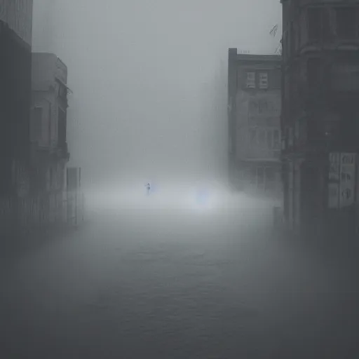 Image similar to liminal space, fog, city