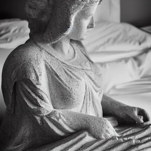 Image similar to a stone statue of a lady on her phone sitting on a bed, 5 0 mm lens, f 1. 4, sharp focus, ethereal, emotionally evoking, head in focus, volumetric lighting, 8 k