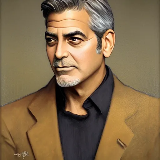 Image similar to George Clooney, highly detailed, digital painting, artstation, concept art, smooth, sharp focus, illustration, ArtStation, art by artgerm and greg rutkowski and alphonse mucha and J. C. Leyendecker and Edmund Blair Leighton and Katsuhiro Otomo and Geof Darrow and Phil hale and Ashley wood and Ilya repin and Charlie Bowater