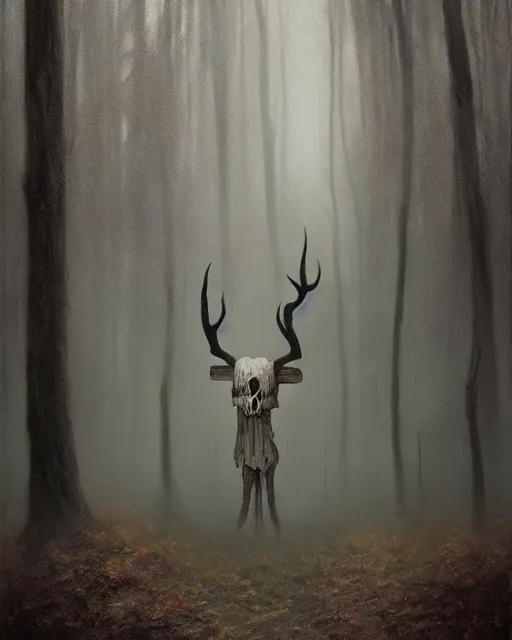 Image similar to oil painting of forest spirit made out of wooden sticks with a deer skull for a face, dark forest, fog, dark fantasy, gloomy, pale colors, by greg rutkowski