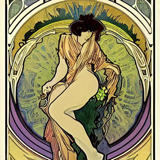 Prompt: art nouveau godzilla by alphonse mucha