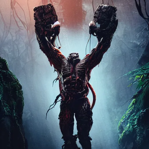 Prompt: rare criterion movie poster of predator, dim volumetric lighting, 8 k, octane beautifully detailed render, extremely hyper detailed, intricate, epic composition, cinematic lighting, masterpiece, trending on artstation, stunning, hdr, smooth, sharp focus, high resolution, award, winning photo, dslr, 5 0 mm