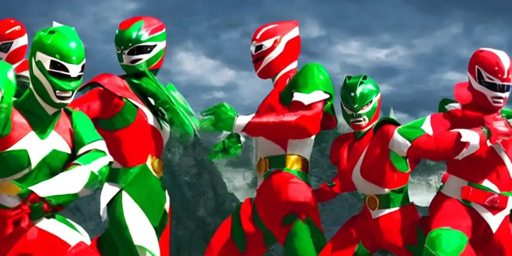 Prompt: realistic scene of red and green power rangers in war, ultra realistic, 8 k