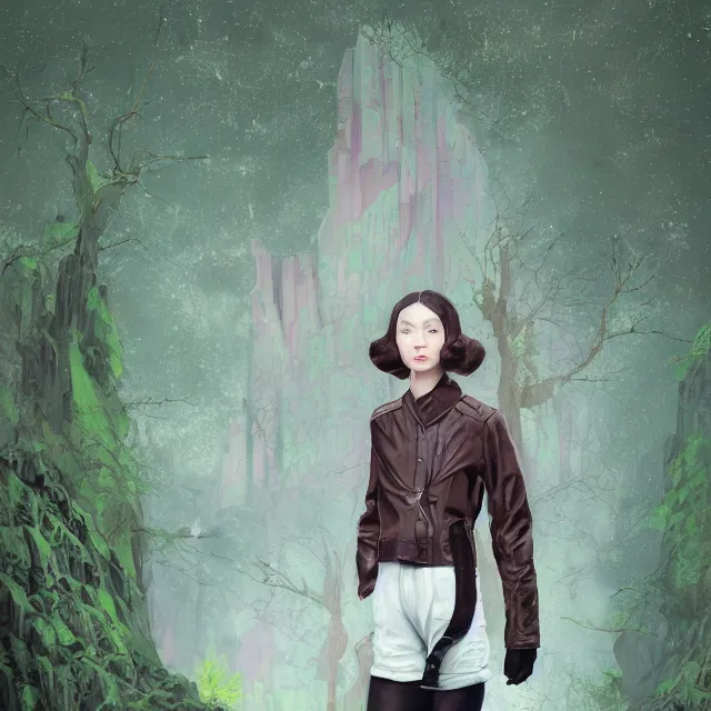 Prompt: portrait of alone androgynous girl wearing bakelite leather jacket, bakelite rocky mountains, moss green japanese haunted forest background, ultrafine hyperdetailed illustration by hsiao - ron cheng and artgerm, modular synthesizer 8 0 s sony stereo helmet backpack, the grand budapest hotel, glow, no crop, digital art, artstation, pop art