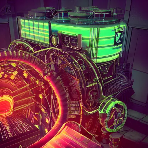 Image similar to album art, tripmachine, album is called tripmachine, photo of a huge futuristic dieselpunk generator inside a steampunk machinery, 8 k, fluorescent colors, halluzinogenic, multicolored, exaggerated detailed, front shot, 3 d render, octane