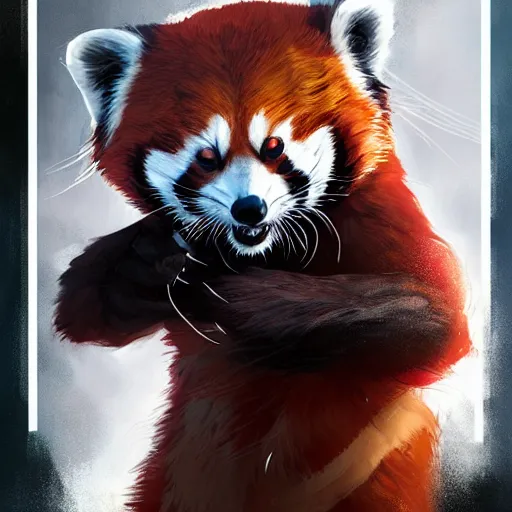 Prompt: red panda in white coat as apex legends character, digital illustration portrait design, by android jones and greg rutkowski, retrowave color scheme, detailed, cinematic lighting, wide angle action dynamic portrait