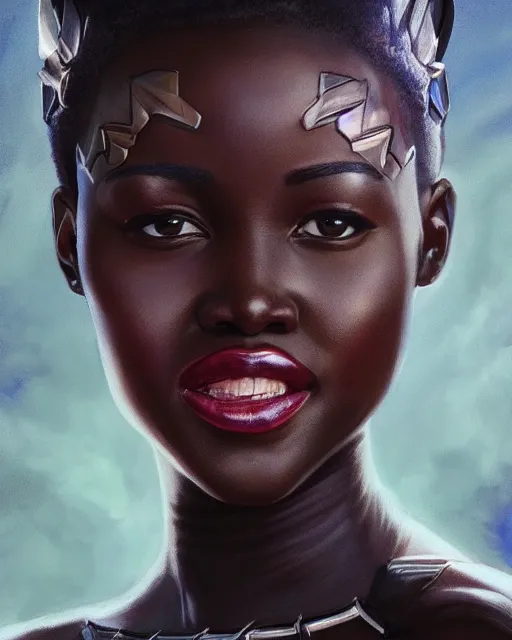 Image similar to 5 5 mm portrait photo of lupita nyongo as black panther. long hair. magical atmosphere. art by artgerm and greg rutkowski. highly detailed 8 k. intricate. lifelike. soft light. nikon d 8 5 0.