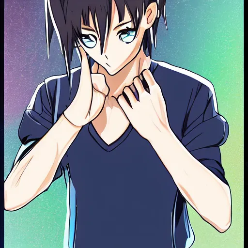 Image similar to anime character looking at his hand, He just discovered magic and look scared and confused, His hand has magic, Digital art,